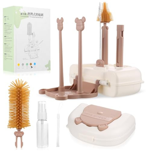 7 in 1 Baby Bottle Brushes for Cleaning, Stand Baby Bottle Cleaning Kit, Complete Silicone Bottles Cleaner Brushes, Straw & Pacifier Brush, 2 Drying Rods, Soap Dispenser, Storage Box,for Travel Home