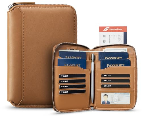 VULKIT Familienpasshülle aus Leder für 4–6 Reisepässe, hochwertige Dokumententasche, große Reisebrieftasche für Paare und Familien