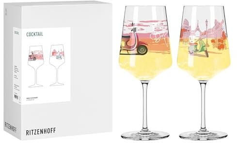 RITZENHOFF 8096003 Cocktail-Glas 500 ml, 2er Set, Serie Entdecker, 2 Stück mit Vespa-Motiv, bunt - Made in Germany