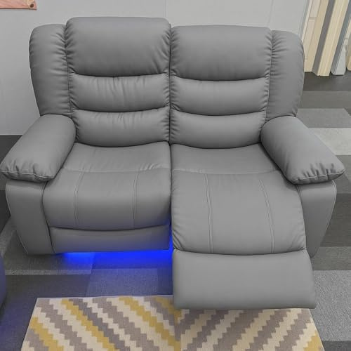 Madrid Leather Electric Recliner Sofa With Cupholders - Leather Sofa - 3+2 Seater - USB Charging Ports - LED Lights (Grey, 2 Seater)