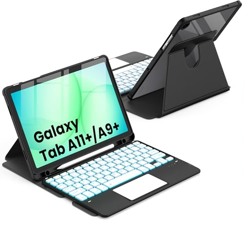 CACOE Rotate Case Keyboard for Samsung Galaxy Tab A11/A9 Plus with Touchpad | 360° Case with Keyboard for Samsung Galaxy Tab A11+ 11 Inch 2025/2023, 7-Color Backlit Detachable Wireless Keyboard, Black