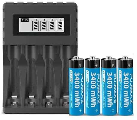 PUJIMAX Rechargeable 1.5 V Lithium AA Battery, 3400 mWh High Capacity, 1500 Long Cycles, 4 x AA Lithium Batteries with LCD Charger, Suitable for Blink Camera VR/AR Headset Xbox Controller