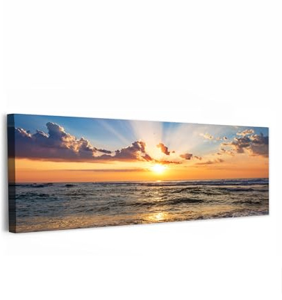 MuchoWow© Leinwandbilder Decoration Bilder für die Wand Schlafzimmer Canvas | 150x50 cm - Painting XXL Wanddekoration Panorama Großes Wandbild Strand - Sonnenuntergang - Meer - Wolken - Horizont