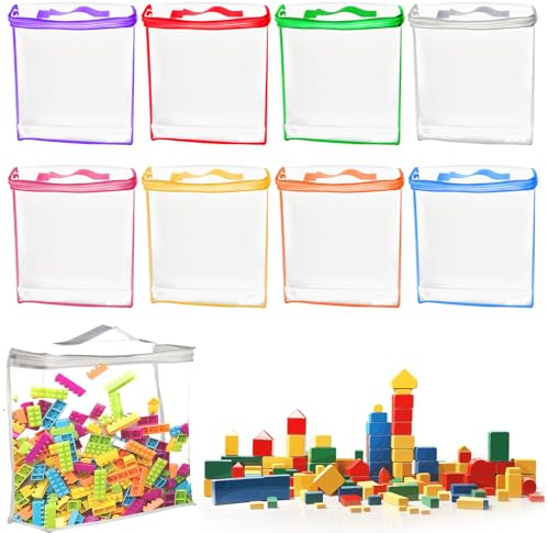 Deepton 8Pcs Clear Toy Storage Bags, PVC Toy Organiser Bags with Handle | Waterproof Storage Bags with Zipper for Building Blocks, Puzzles, Clay, Small Models, Board Games, Books, 8 Colors