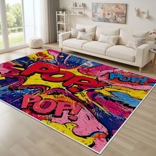 Dyjuaa Pop-Art Teppich Schlafzimmer 120x160 cm, Cartoon Comic Kurzflor Teppich Wohnzimmer, Bunter Graffiti Teppiche rutschfest Carpet Waschbar für Esszimmer