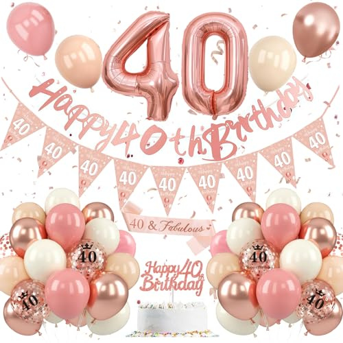 40. Geburtstag Deko Frauen,Roségold 40. Geburtstagsdeko,Deko 40 Geburtstags Frau,Luftballons 40 Jahre Geburtstag Ballon Rosa Weiß mit Banner Happy Birthday Tortendeko für 40.Dekoration