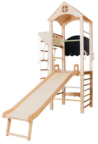 Wood And Hearts Indoor Klettergerüst aus Holz – Kinder Jungle Gym für Zuhause 3–8 Jahre, Mini Kletterturm, Kinderturngerät