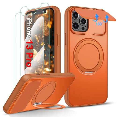 Gritup for iPhone 13 Pro Case 6.1-Inch: with 2PCS Screen Protector [Full Camera Protection] & Magnetic Stand [Military-Grade] Shockproof Slim Thin Cover for iPhone Cases 13 Pro -Orange