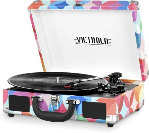 Victrola Vintage 3-Speed Bluetooth Suitcase Turntable with Speakers, Geo Print