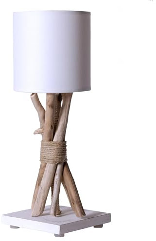 Lampe de chevet/de table en bois flotté BLANC - Fabriqué à la main par un artisan Français - 100% matériaux naturels - 35x13 cm