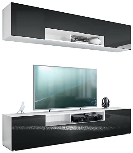 Vladon Wohnwand Mogan, Weiß matt/Schwarz Hochglanz - Moderne Anbauwand bestehend aus 2 TV-Boards (181 x 147 x 35 cm)