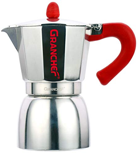 BIB Granchef Caffettiera in Alluminio 3 Tazze, Moka Caffe Espresso con Il Manico e Il Pomelo Rosso (3 Tazze)