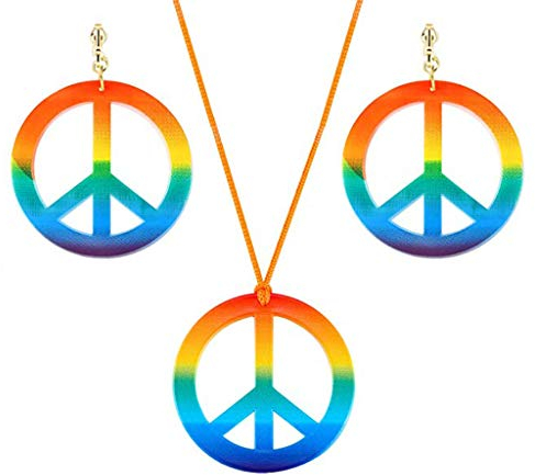 E-HONER Hippie Kostüm Jewerly Set 60er 70er Jahre Regenbogen Friedenszeichen Anhänger Halskette Ohrringe