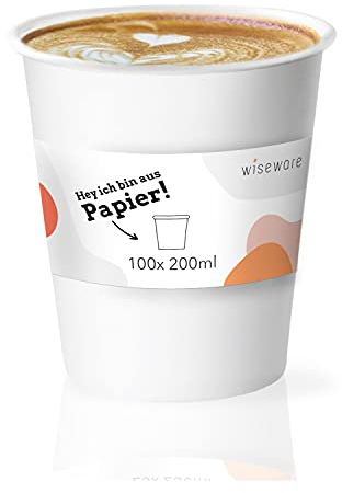 wiseware Getränkebecher weiß - 100 Stück Einweg Pappbecher 200ml 8oz- Coffee To Go Papierbecher ohne PLA/PE - Einmalbecher mit BIO-Beschichtung