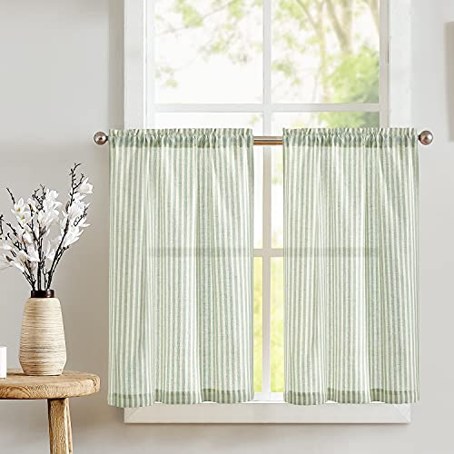 TOPICK 2er Set H 60 x B 65 (cm) Gestreifte Scheibengardinen Leinen Gardinen mit Streifen Küchenvorhang Blickdicht Kurz Küchengardinen für Küchen Esszimmer Badezimmer Klein Fenster Grün auf Beige