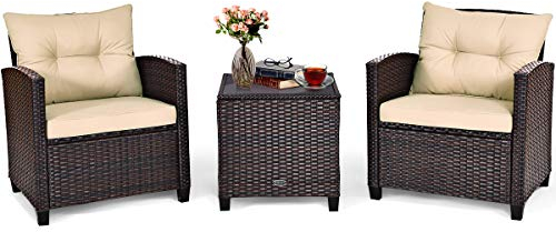 RELAX4LIFE 3-teiliges Gartenmöbelset in Rattan-Optik, Sitzgarnitur: 2 Stühle & 1 Couchtisch, Gartengarnitur mit abnehmbaren Sitz- & Rückenkissen, Sitzgruppe Polyrattan, Outdoor Garten Balkon Terrasse