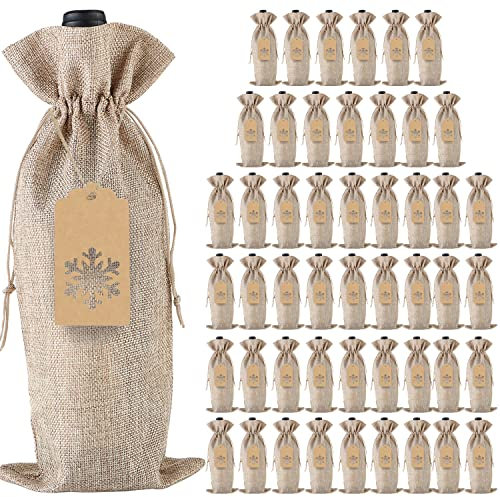 PIXHOTUL Sacs À Vin en Jute, 48 Pièces, Housses pour Bouteilles De Vin avec Cordon Et Étiquettes pour Noël, Mariage, Voyage, Anniversaire, Fête De Vacances