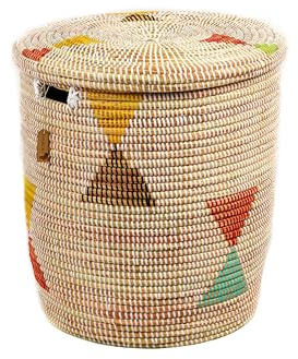YAADU Aufbewahrungskorb mit Deckel 42L – Wäschekorb geflochten, Korb mit Deckel, Wäschesammler, Korb für Kinderzimmer. Afrikanischer Korb, Korb mit Henkel, Modell Shaka (weiß-bunt-dreieck)