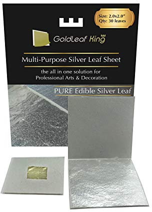 GoldleafKing Genuine Edible Silver Leaf Sheets | 30 Sheets - 2.0 x 2.0 inches for Cooking, Cake & Chocolate, Silver Fondant, Multi-Purpose, edible cake decorations + Free Small Gold Leaf x 10