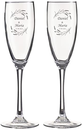 Wanapix | Pack 2 Flûtes à Champagne Personnalisés | Coupes de Champagne avec Gravure | Fêtes/Anniversaire/Mariage | Verres à Champagne | Verre 20cl | Noms et Date