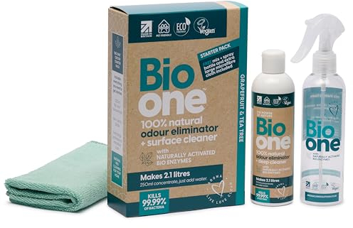 Enzyme Cleaner Odour Eliminator Concentrate - Makes 9x 250ml Bio One Bottles, Natural Enzymatic Surface Cleaning Spray for Carpets, Car Upholstery, Trainers, Pets - Powerful Odour & Urine Neutraliser