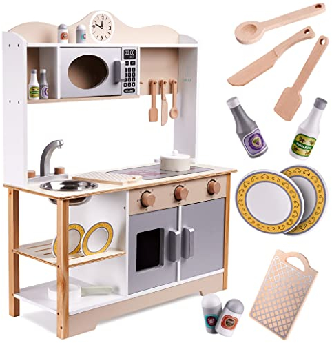 Kinderküche aus Holz mit Küchenzubehör | XL Spielküche Set für Kinder | Große Holzküche mit Küchenzeile Backofen Herd Mikrowelle Spüle | Spielzeugküche + Küchenset in modernen Design
