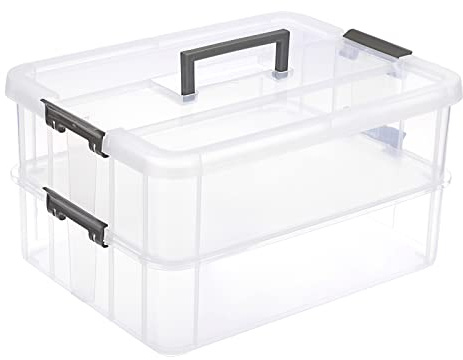 JUXYES 2-Tiers Stack Carry Storage Box With Handle, Transparent Stackable Storage Bin With Handle Lid Latching Storage Container for School & Office Supplies