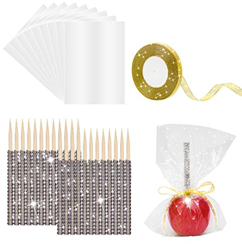 Coldairsoap Bling Candy - Bastoncini di mela con 30 sacchetti per caramelle, 24 bastoncini e 1 rotolo di nastro glitterato da 23 m, spiedini a punta in legno di mela caramello, accessori per