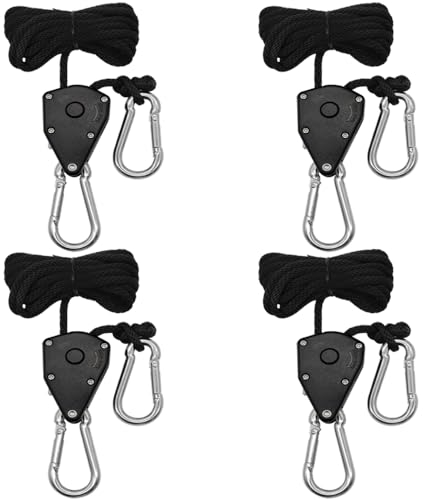 GYSRXS 4 Pièces 1/8 Corde à Cliquet avec Crochet 2m Corde de Crochet Réglable Sangle Cliquet Corde pour Lampe à Suspension Plantes Growth,150 LB par Paire(Noir)