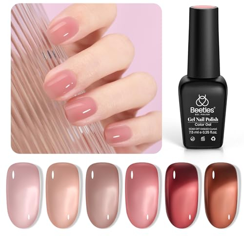 Beetles Jelly Gel Nagellack Set, 6 Farben Neutral Durchscheinend Nude-Rosa UV Nagellack Set Soak Off UV Nagelgel Nail Polish DIY Maniküre für Mädchen