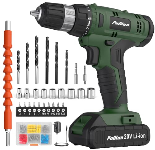 PULITUO 20V Cordless Drill Set, Powerful Bit Sets, 30N Torque, 21+1 Settings, 3/8 Keyless Chuck, 40pcs Bits, Electric With 2.0AH Li-Ion Battery and LED Light