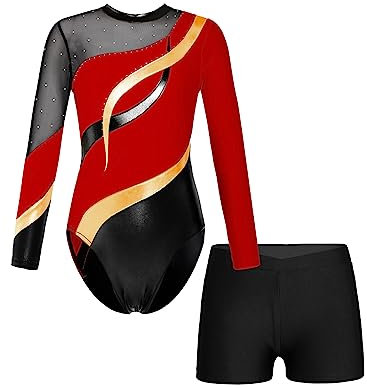 iEFiEL Mädchen Turnanzug Langarm Gymnastik Trikotanzug Glänzende Turnen Set Klassisch Gymnastikanzug Kinder Tanzbody Za Rot 158-164