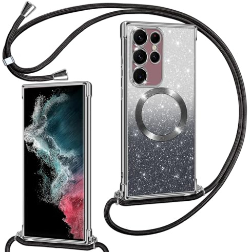 Phoona Hülle für Samsung Galaxy S22 Ultra 5G mit Band, Schwarz | [Kompatibel mit MagSafe] Luxuriöse Glitzer Beschichtung Magnetische Handyhülle zum Umhängen Kordel Silikon Stoßfest