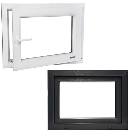 Kunststofffenster PVC Wärmedämmend Fenster Garagenfenster Kellerfenster Billig Günstig Alupl Neo Energeto Dreh Kipp 2-Fach Verglasung Innen Weiss Außen Anthrazit 55x120cm 550x1200mm DIN Rechts Herstel