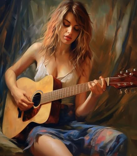 Malen nach Zahlen Erwachsene,Mädchen spielt Gitarre 40 x 50cm DIY Handgemalt Ölgemälde Kits auf Leinwand Geschenk für Weihnachten Geburtstag, Home Haus Deko
