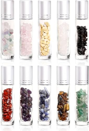 Parfumlism 10-ml-Rollflaschen mit natürlichem Edelstein,10 Stück Klarglas-Rollflaschen für ätherische Öle mit Steinkugeln, dicke Rollflasche mit heilenden Kristallsplittern im Inneren