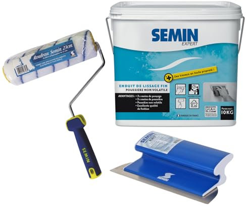 Semin - Enduit de Lissage pour Finition des Murs - Intérieur - Seau de 10 kg, un Rouleau, 23 cm et une Lame pour Enduire et Lisser, 25 cm