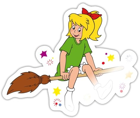 Spreadshirt Bibi Blocksberg Sitzt Sicher Auf Besen Kartoffelbrei Sticker Aufkleber, 10 x 10 cm, Weiß glänzend