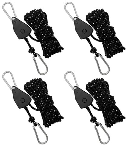 Omevett 4 Pcs Heavy Duty Ratchet Ropes 1/8 Inch 4mm Adjustable Grow Light Rope Ratchet Hangers Reflective Cord Tent Guide Rope with Aluminum Adjuster for Grow Room Equipment Flowers Plants