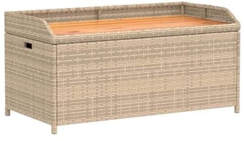 vidaXL Bank, Sitzbank mit Staufach unter Sitzfläche, Gartenbank UV-Beständig für den Außenbereich, Parkbank Gartenmöbel, Beige Poly Rattan Akazienholz