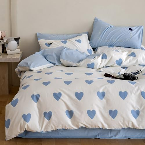Menkala Herz Bettwäsche 220x240 Weiß mit Blau Herzen Muster Romantisch Weiche Mikrofaser Bettbezug Herzchen Aesthetic Wendebettwäsche Set 3 Teilig mit Reißverschluss und Kissenbezüge 80x80 cm