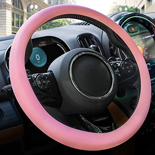 Spurtar Auto Lenkradbezug Silikon für Herren Frau, Auto Zubehör Deko Lenkradhüllen Schließen Leder Lenkradbezug Bezug Dünn, Innenraum Lenkradschutz Car Accessoires,Rosa,38-42cm