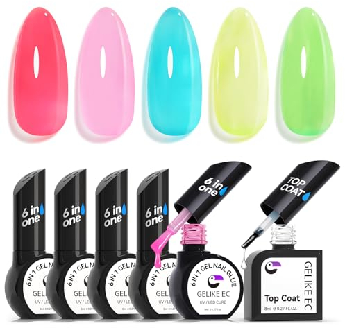 Gelike ec pegamento para uñas artificiales - 6 en 1 extra fuerte UV pegamento de uñas con no Wipe Top Coat Kit para Press On uñas uñas suaves punta de uñas necesita curado bajo UV lámpara de uñas 40ml