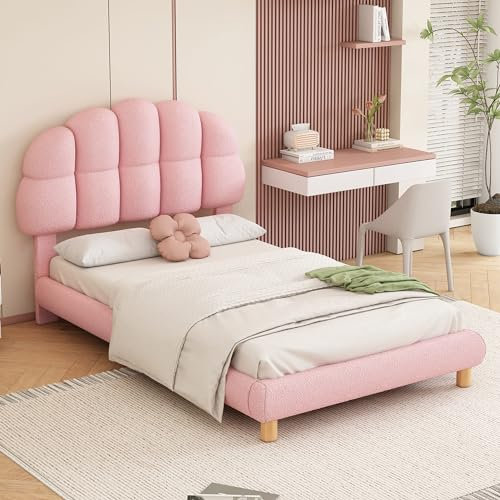AUJDKDH 90x200cm Einzelbett, Kinderbett, Jugendbett, Polsterbett, Holzlattenrost, Kreisvlies, Rosa (Pink + Velvet)