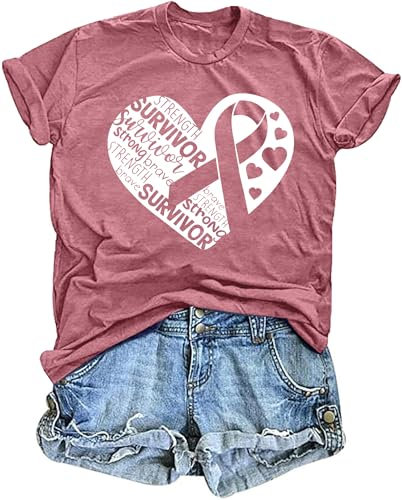 tiorhooe Octobre Rose T-Shirt Ruban Rose T Shirt Femme Cancer du Sein Tee Shirt