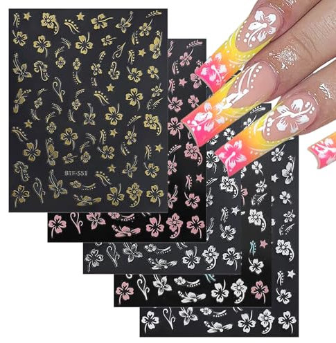 Flower Nail Stickers,10 Sheets 3D Embossed Hibiscus Flower Nail Art Stickers Self Adhesive,Nail Decals Floral Nail Art Design Decoration for Women Girls (Gold Silver Pink White)