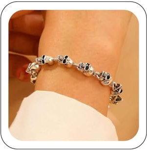 Wendalern Punk Skull Link Chain Bracelet Silver Skeleton Bracelet Gothic Skull Head Biker Bracelets Halloween Costume Jewelry for Women Men