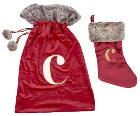 Celebright Matching Christmas Sack and Stocking Set with Embroidered Letter 'C' - Festive Holiday Décor for a Memorable Celebration - Faux Fur - Red