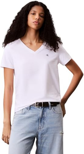 Calvin Klein Camiseta de Manga Corta Mujer Archive Jersey tee con Cuello de Pico, Blanco (Brilliant White), M
