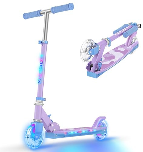 TONBUX Trottinette Enfants 6-12 Ans avec Poteau D'éclairage Cool, Roues et Pont, Hauteur Réglable sur 4 Niveaux, Légère et Pliable, Violette